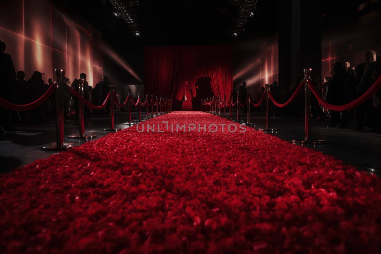 Red cotton carpet at stage. Generate Ai by ylivdesign