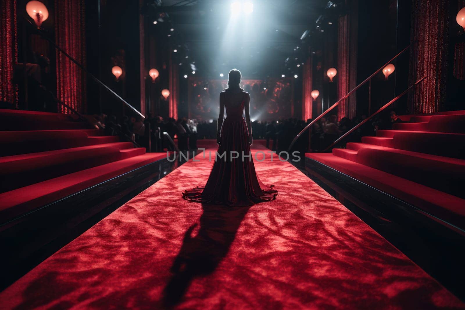 Red carpet stage with star woman. Generate Ai by ylivdesign