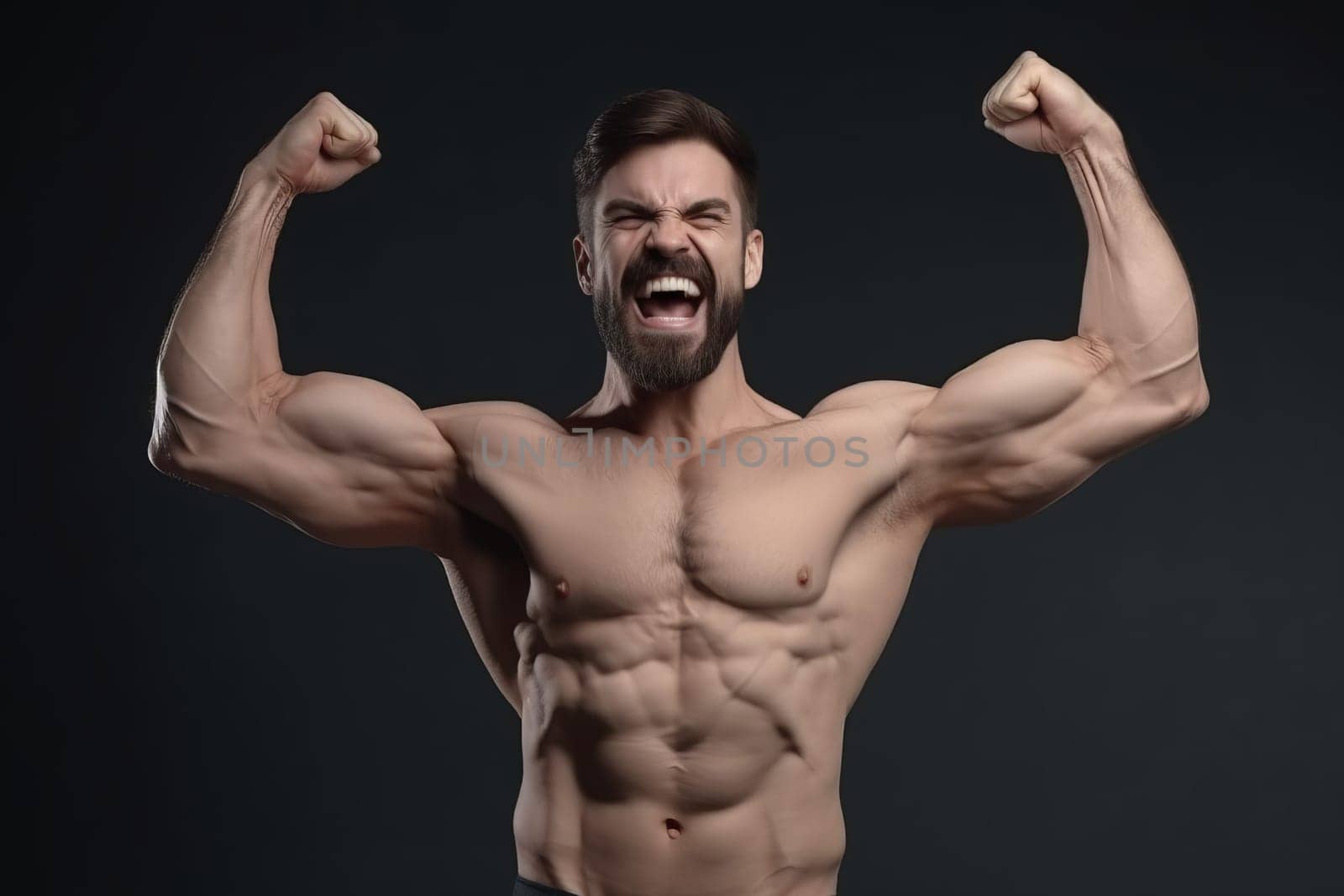Smiling strong gym man. Muscular body. Fictional person. Generate Ai