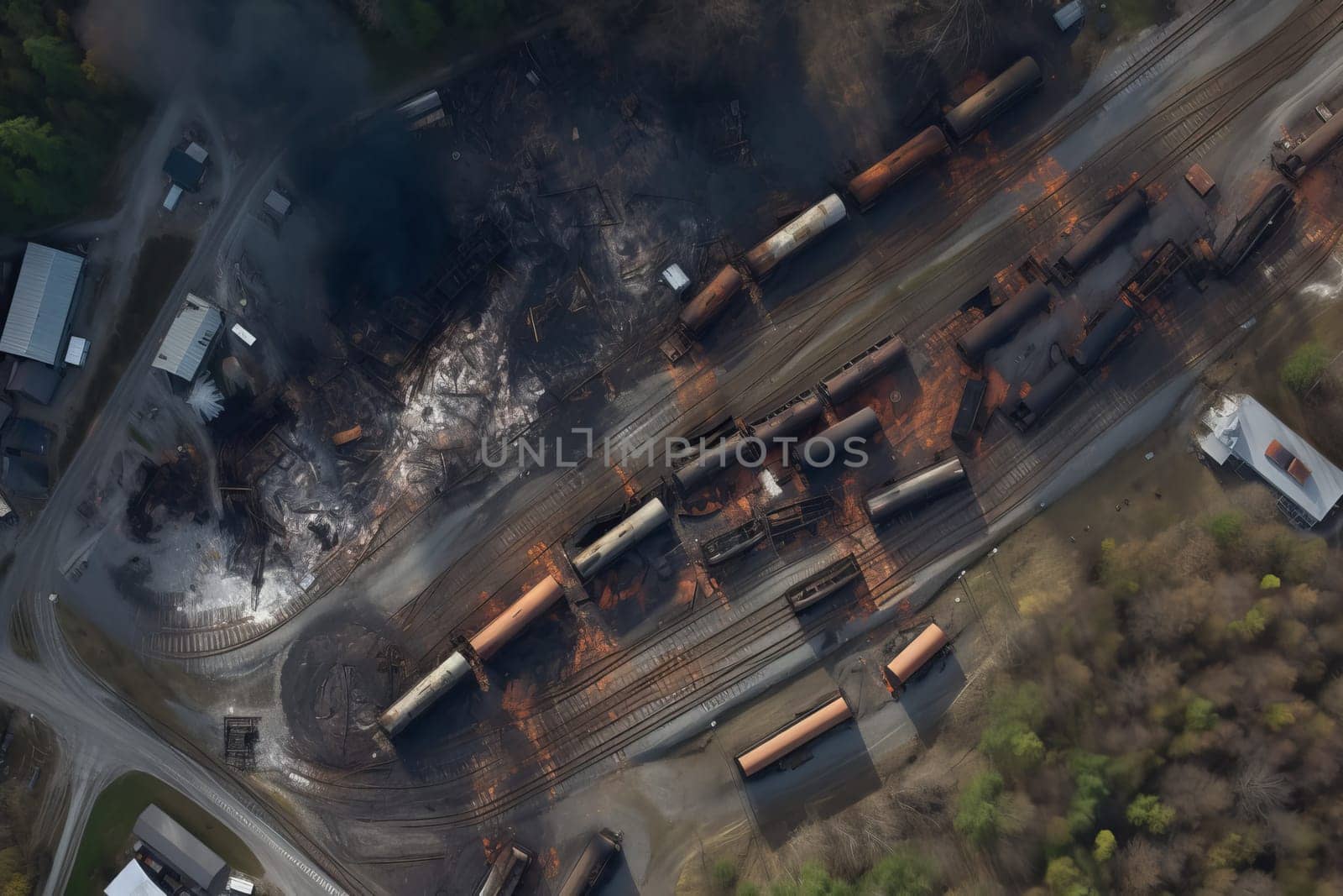Train accident top view. Derail disaster. Generate Ai