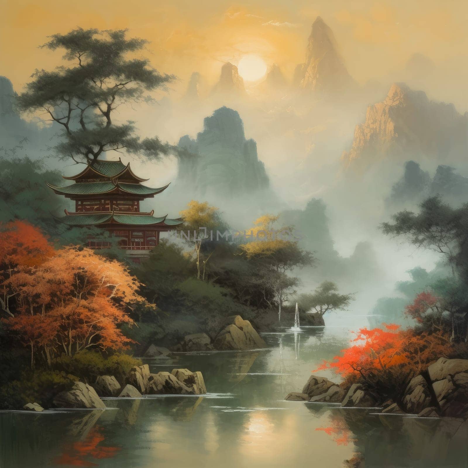 Sunset asian landscape. Forest tree beauty. Generate Ai