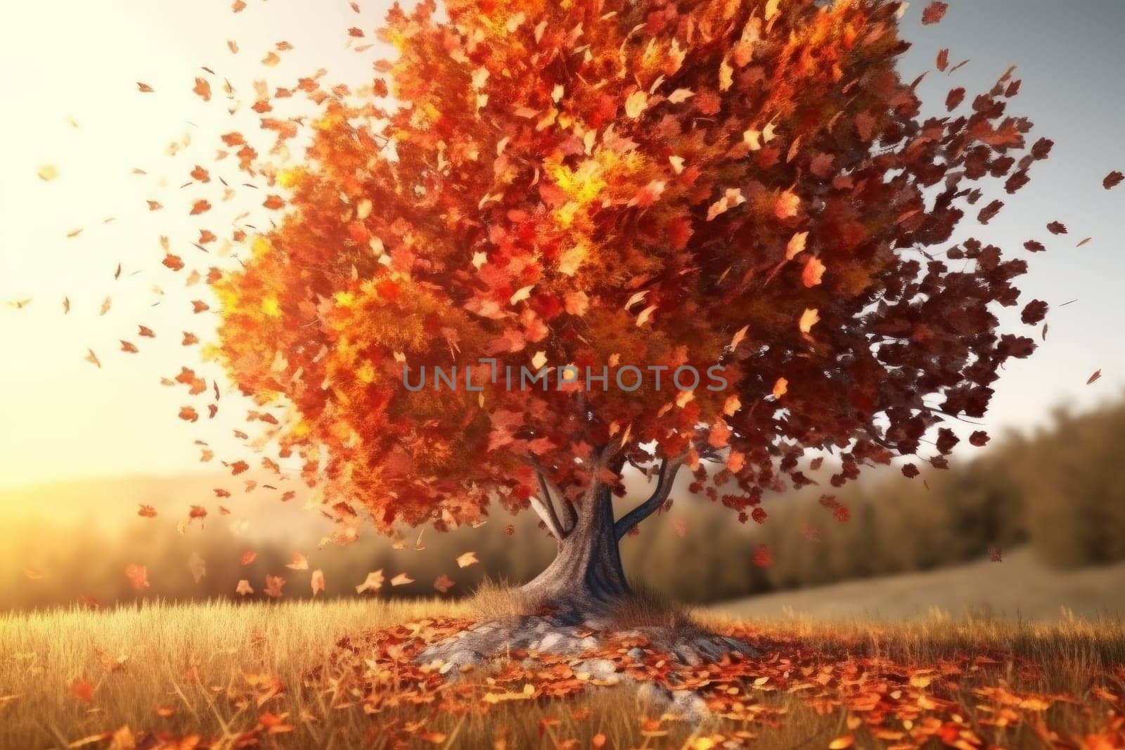 Red autumn tree. Park landscape. Generate Ai