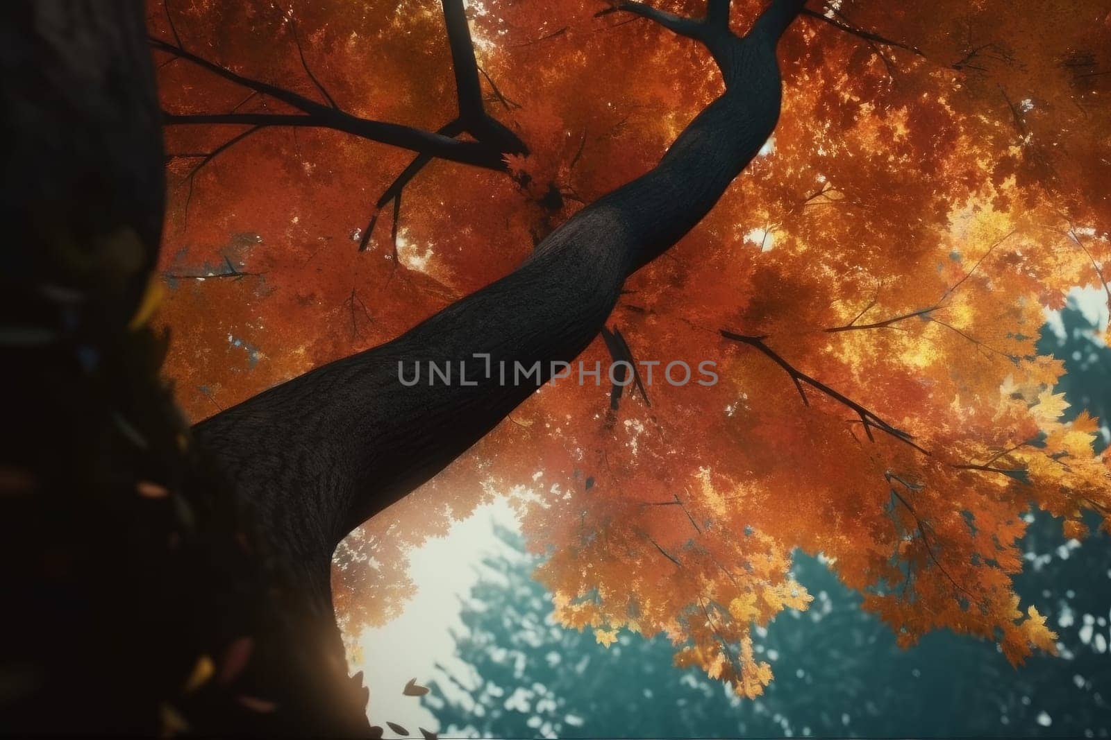 Autumn tree with many leafs. Season forest. Generate Ai