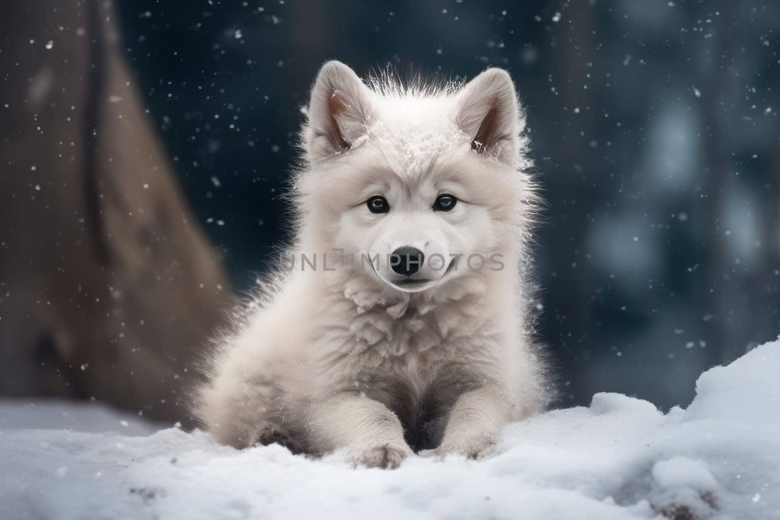 Baby wolf at snow tree. Nature mammal. Generate Ai