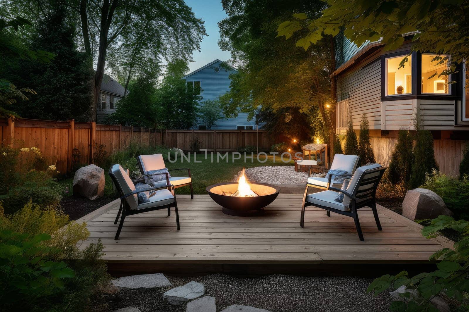 Backyard fire pit. Luxury deck design. Generate Ai