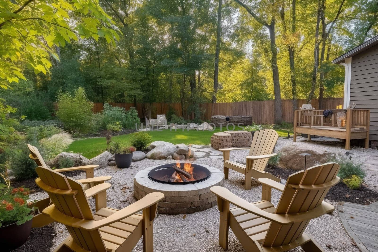 Backyard fire pit relax. Garden pergola. Generate Ai