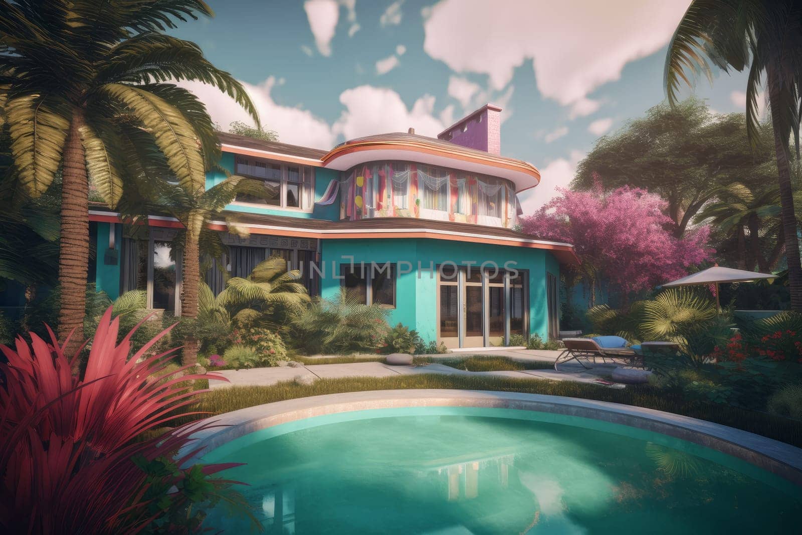Backyard house pool. Nature design. Generate Ai