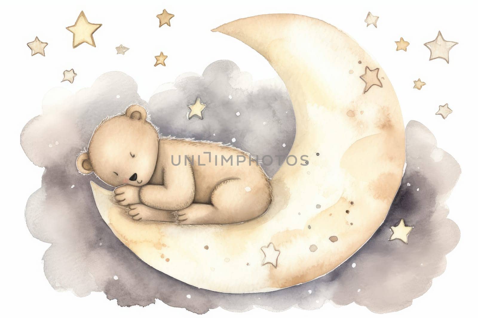Bear teddy sleeping. Cute baby on moon. Generate Ai