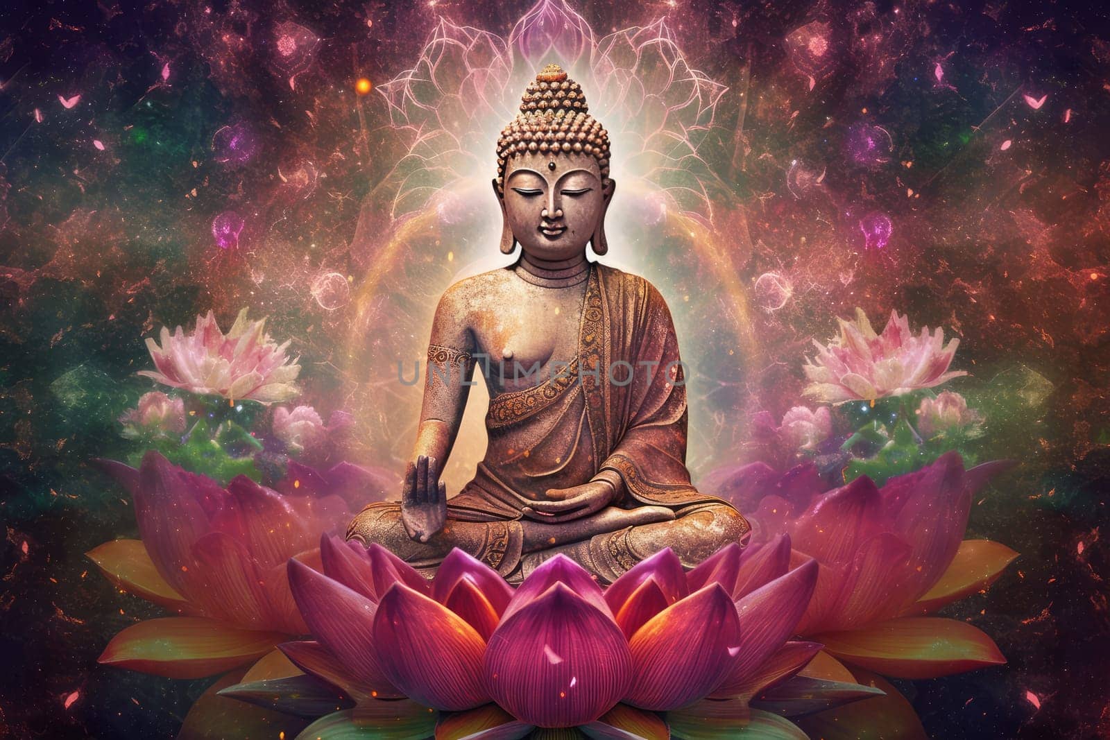 Buddha lotus. Art light design. Generate Ai