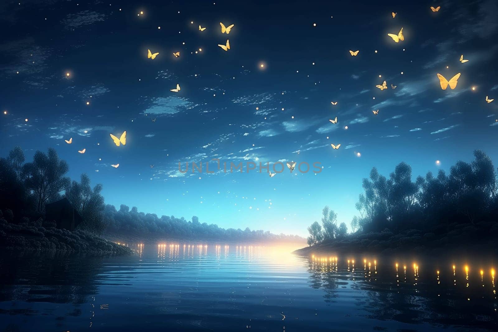 Butterflies night fly. Shine dream. Generate Ai