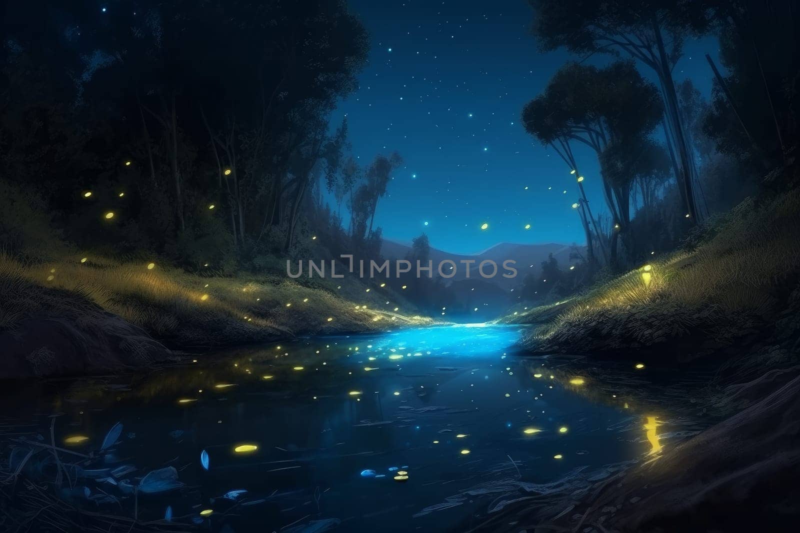 Butterflies flight in night forest. Glow dream. Generate Ai