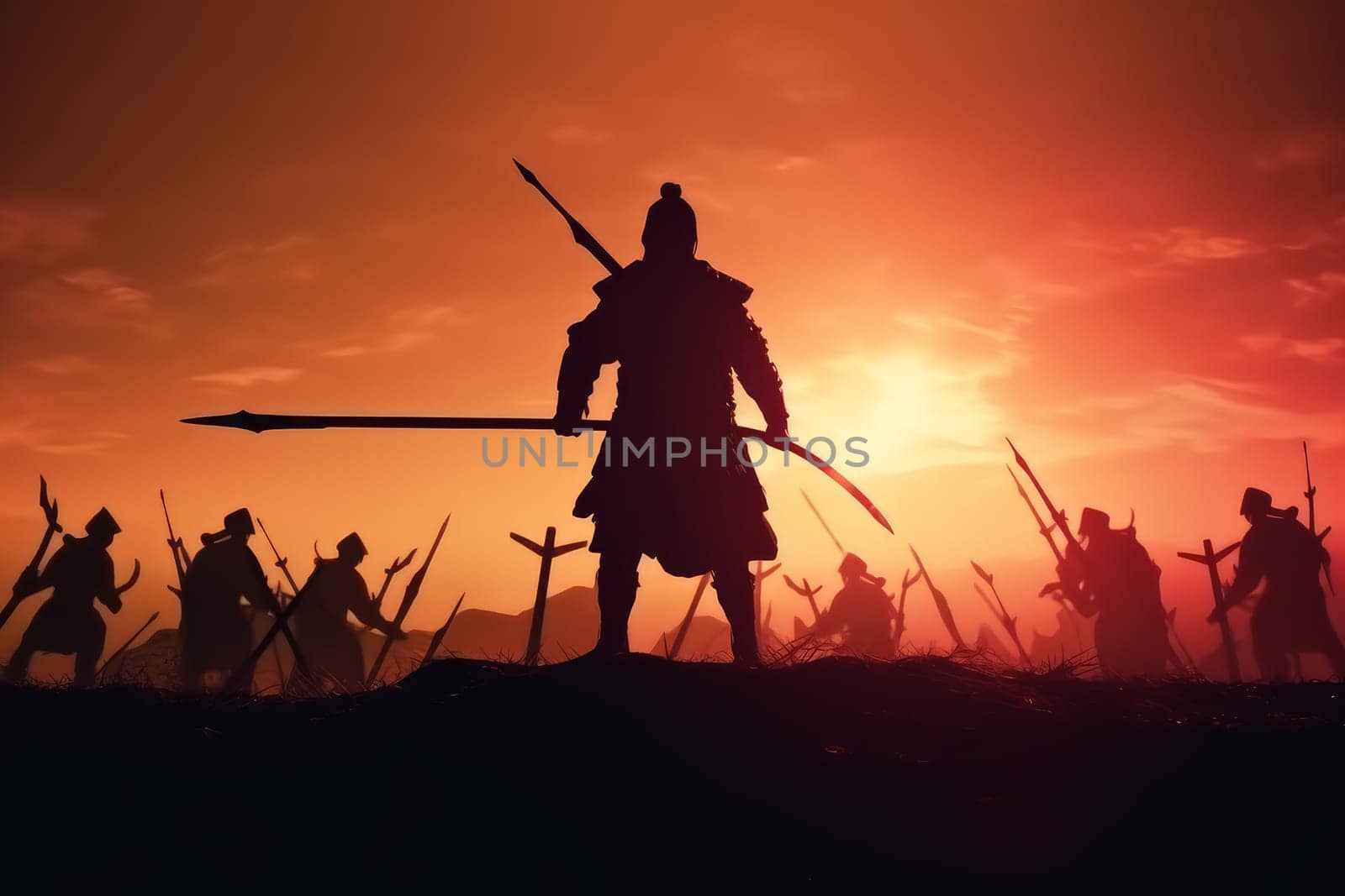 Chinese sunset army hero. Training warrior. Generate Ai