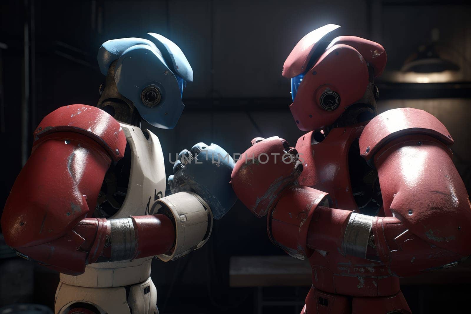 Chipped boxing robots. Combat energy. Generate Ai