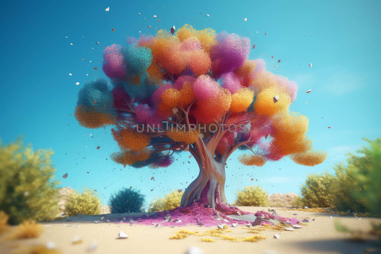 Colorful unreal fantastic tree. Magic forest. Generate Ai