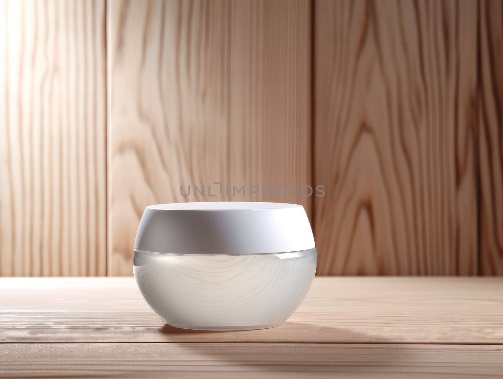 Cosmetic jar on table. Makeup container. Generate Ai