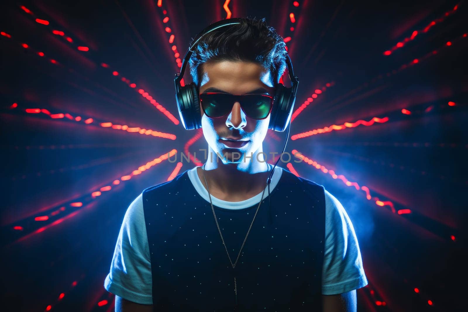 Modern dj headphones. Music audio. Fictional person. Generate Ai