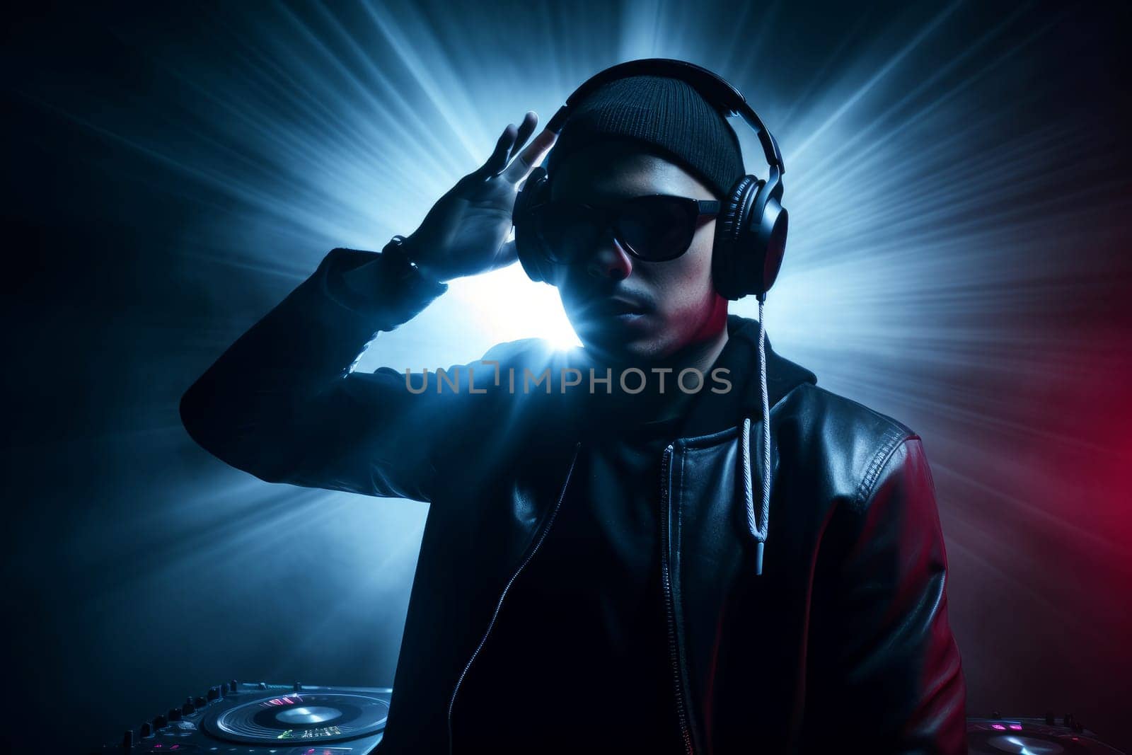 Musical party dj. Dj headphones. Fictional person. Generate Ai