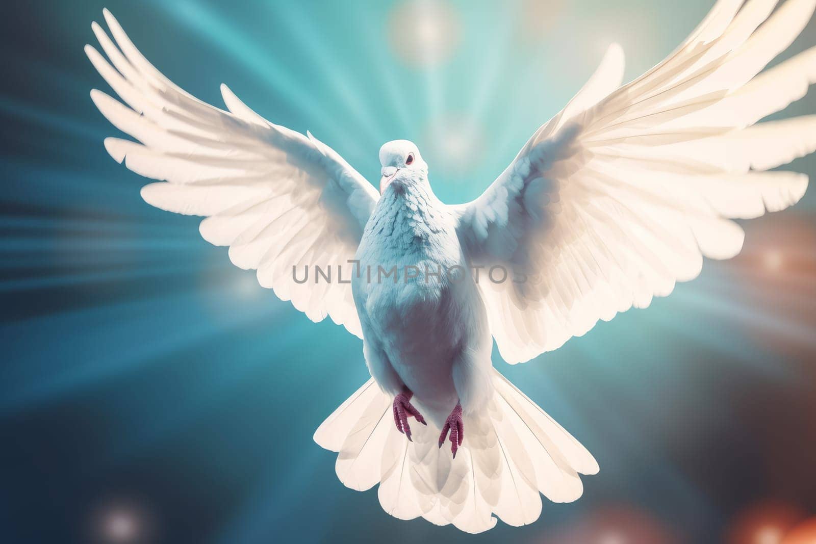 Dove in sky. Freedom flight wing. Generate Ai