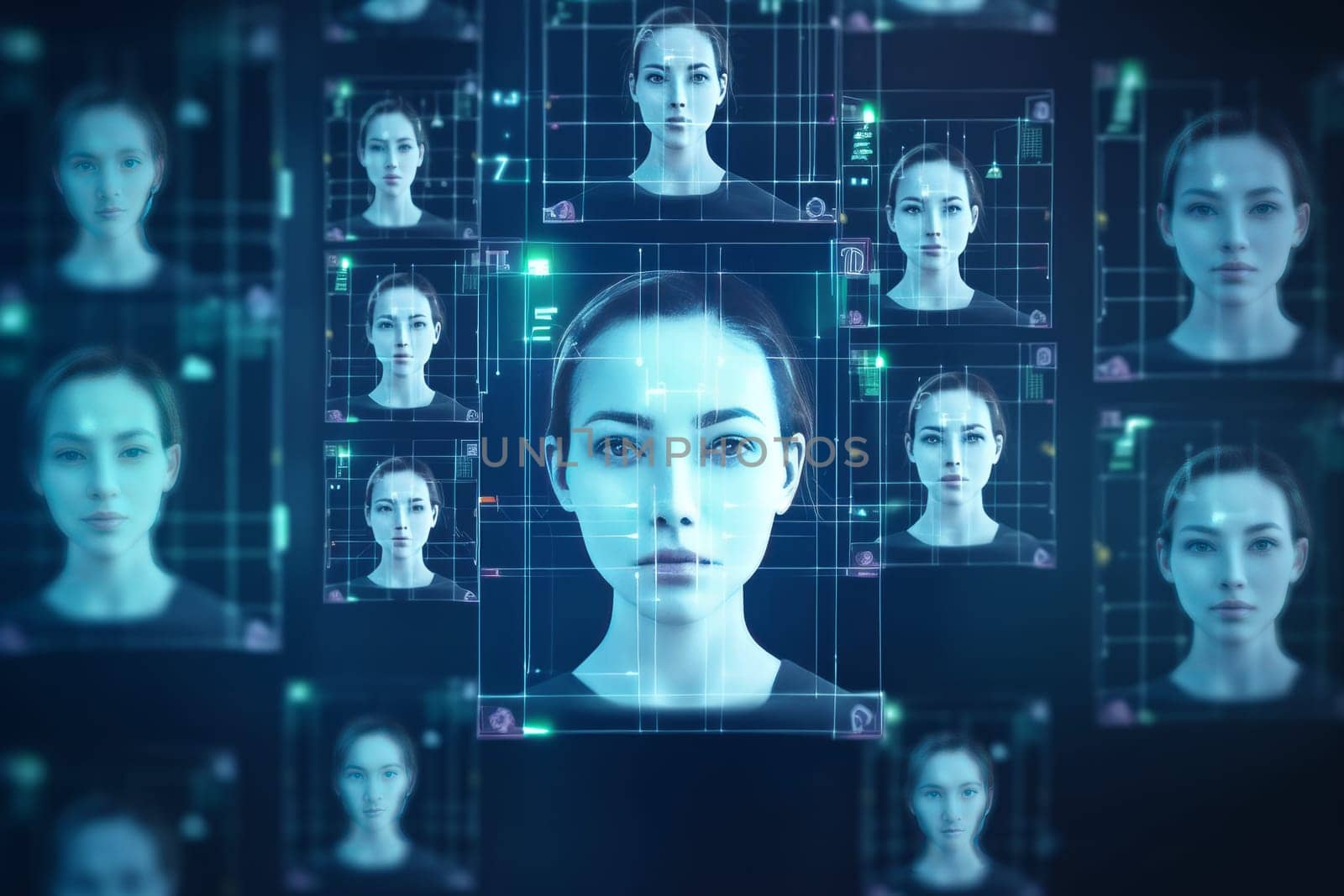 Face detection analyze. Face recognition. Fictional person. Generate Ai