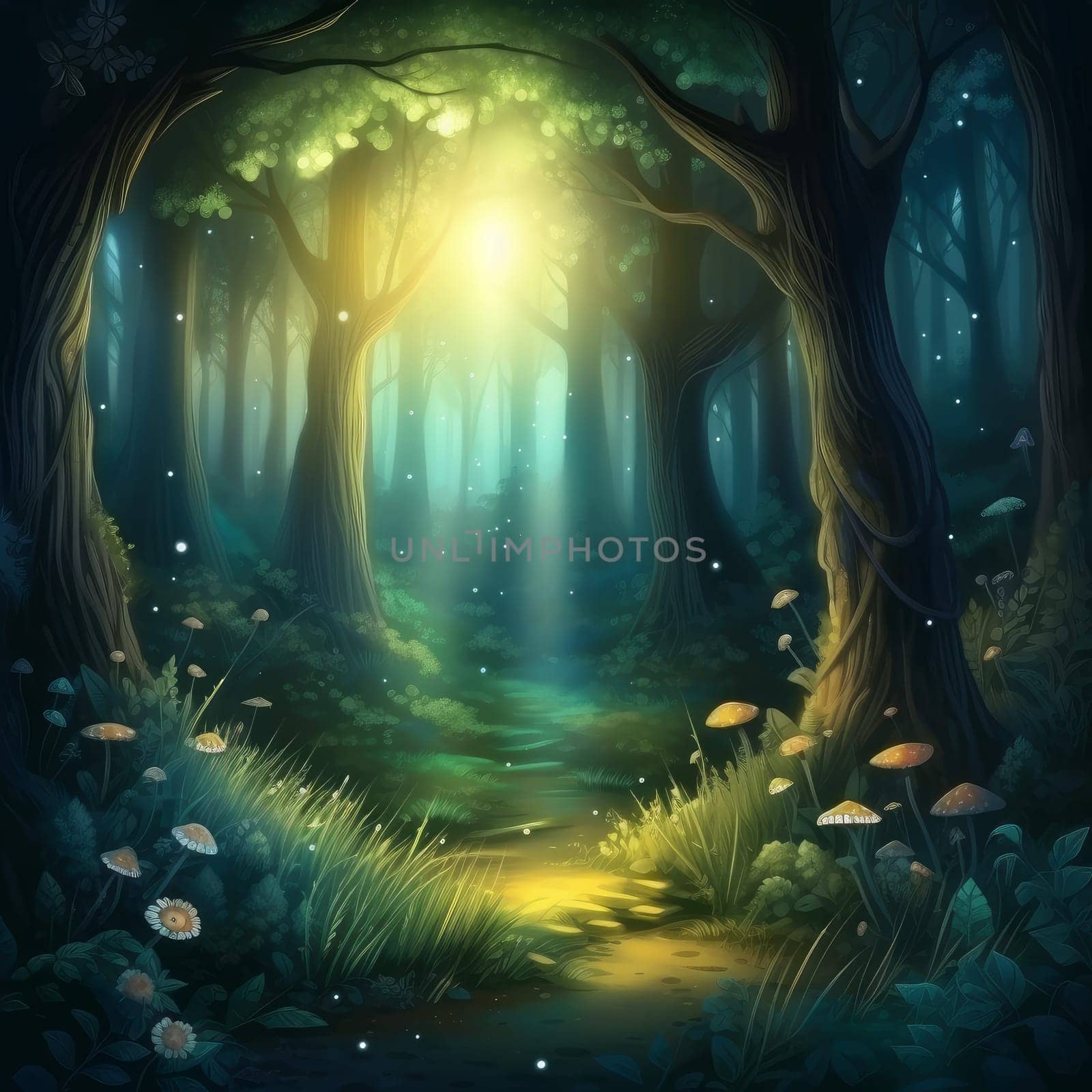 Forest night in green light. Generate Ai by ylivdesign