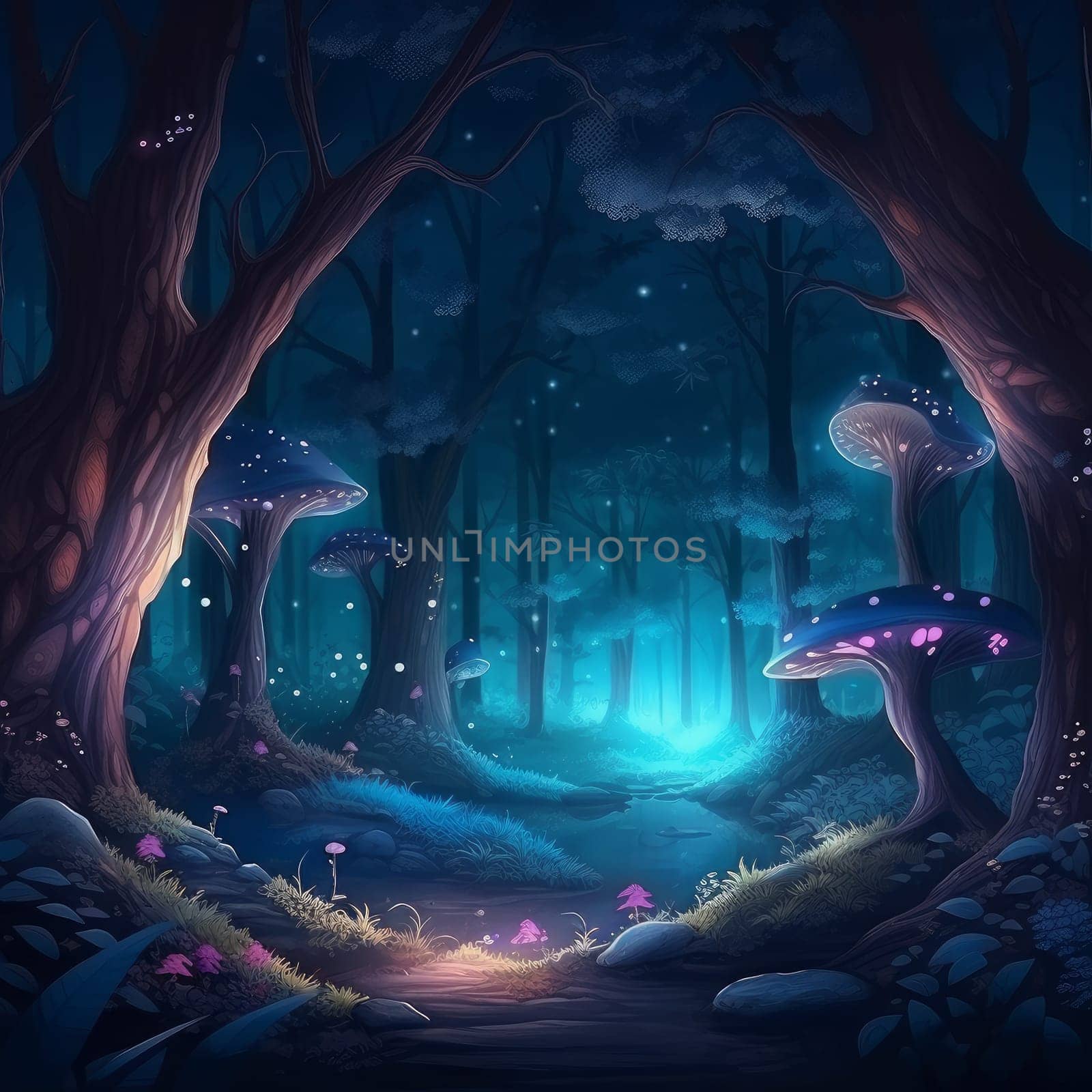 Night forest with magic mushrooms. Dark fog misty. Generate Ai