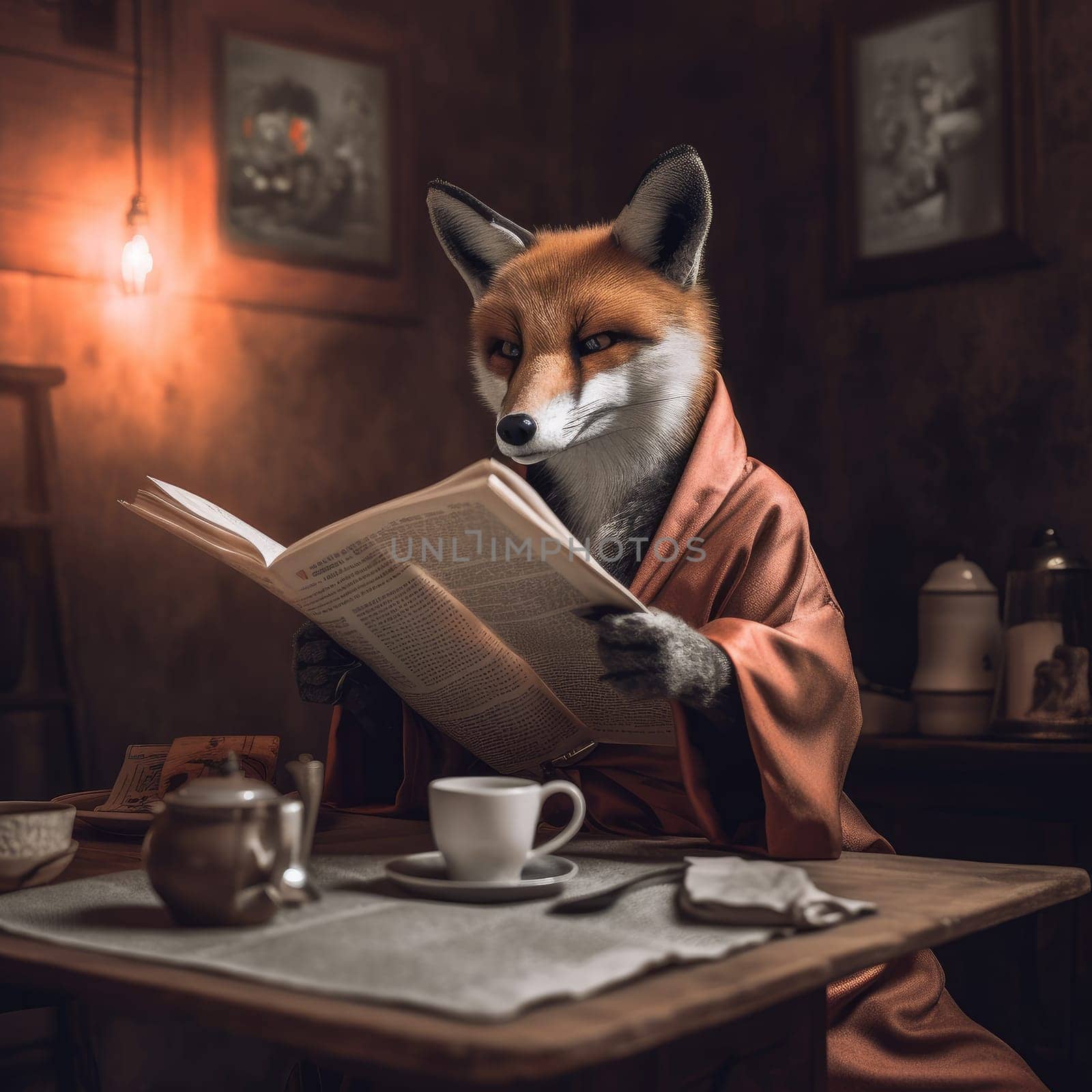 Fox read newspaper at breakfast. Cute character. Generate Ai