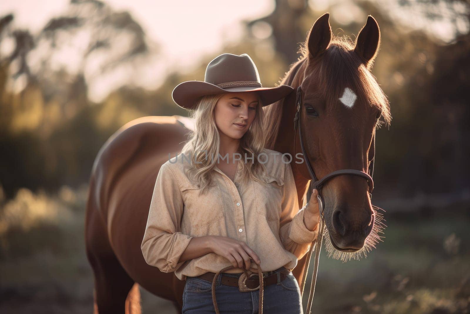 Girl near cute horse. Woman happy. Fictional person. Generate Ai