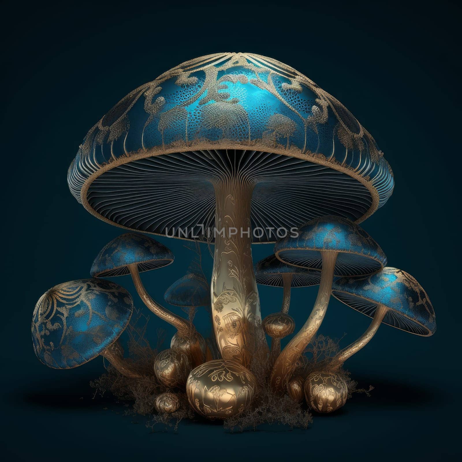 Gold mistery mushroom. Generate Ai by ylivdesign