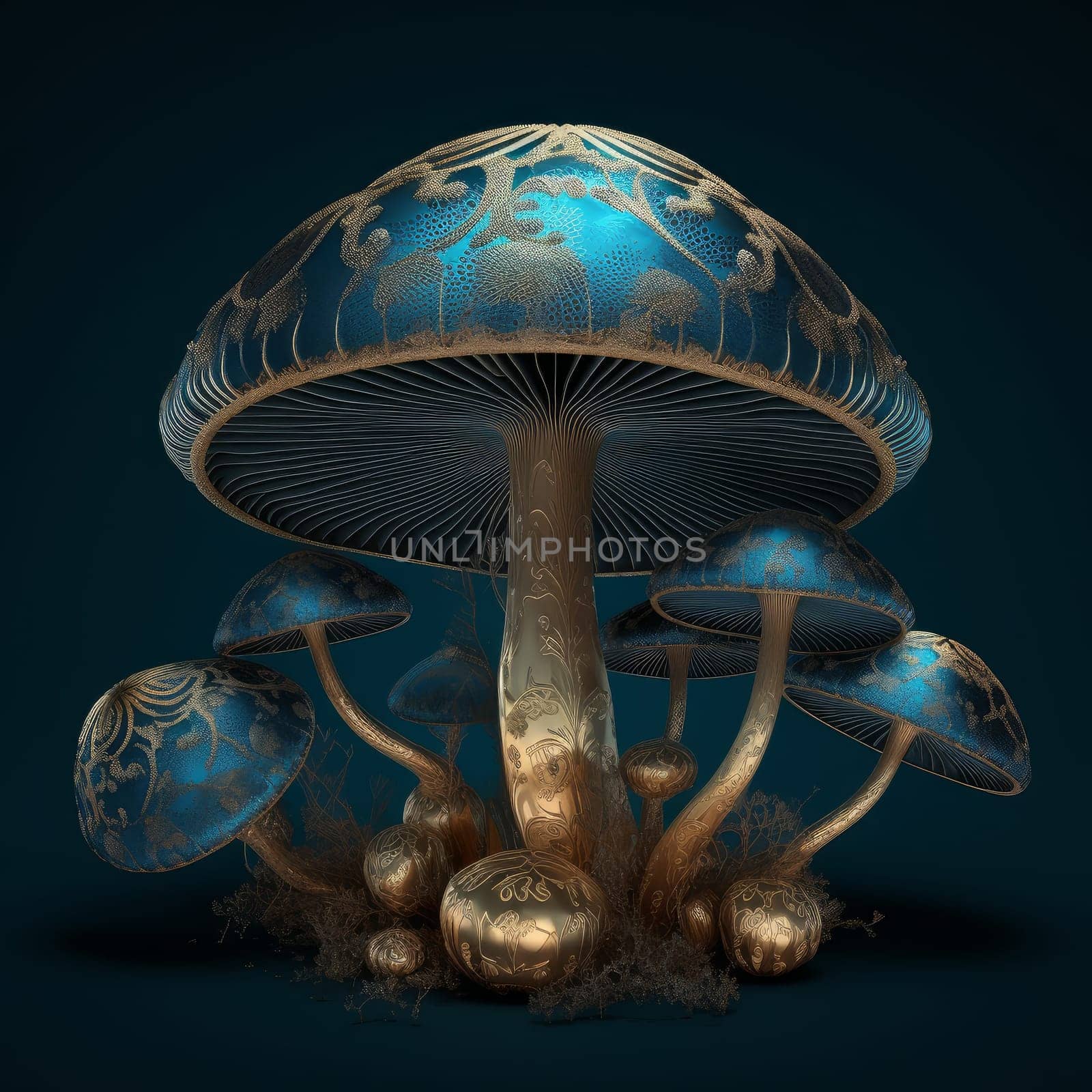 Gold mistery mushroom. Natural wild grow. Generate Ai