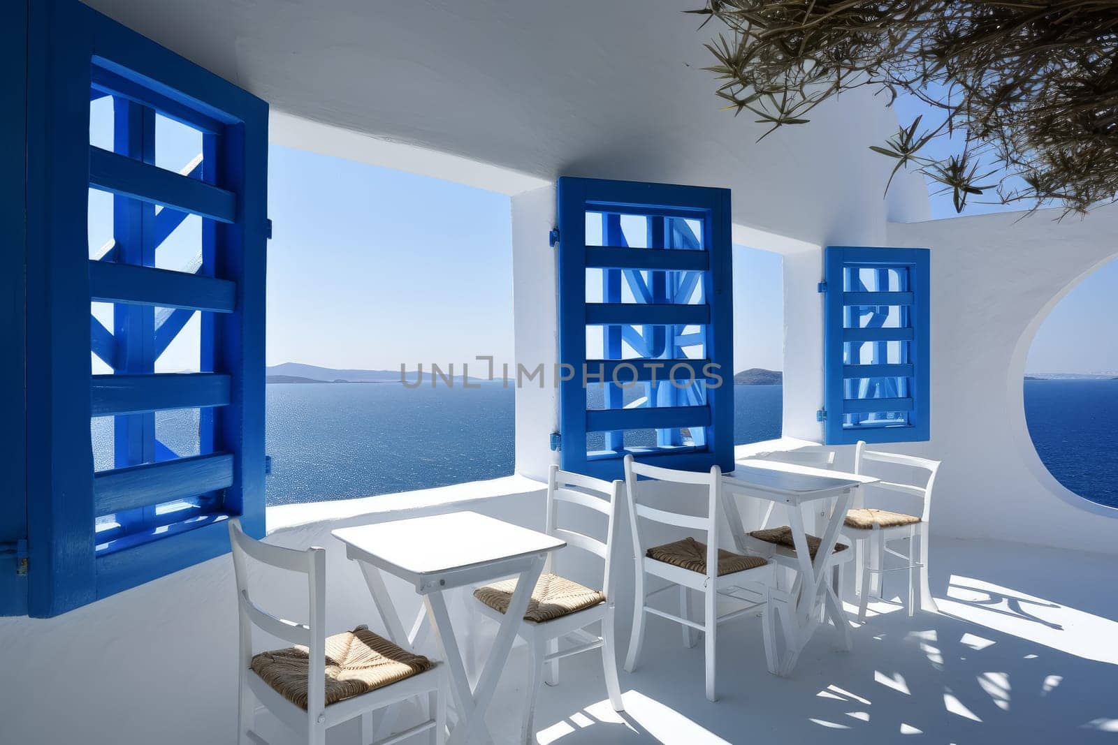 Greek tavern architecture. Summer landscape. Generate Ai