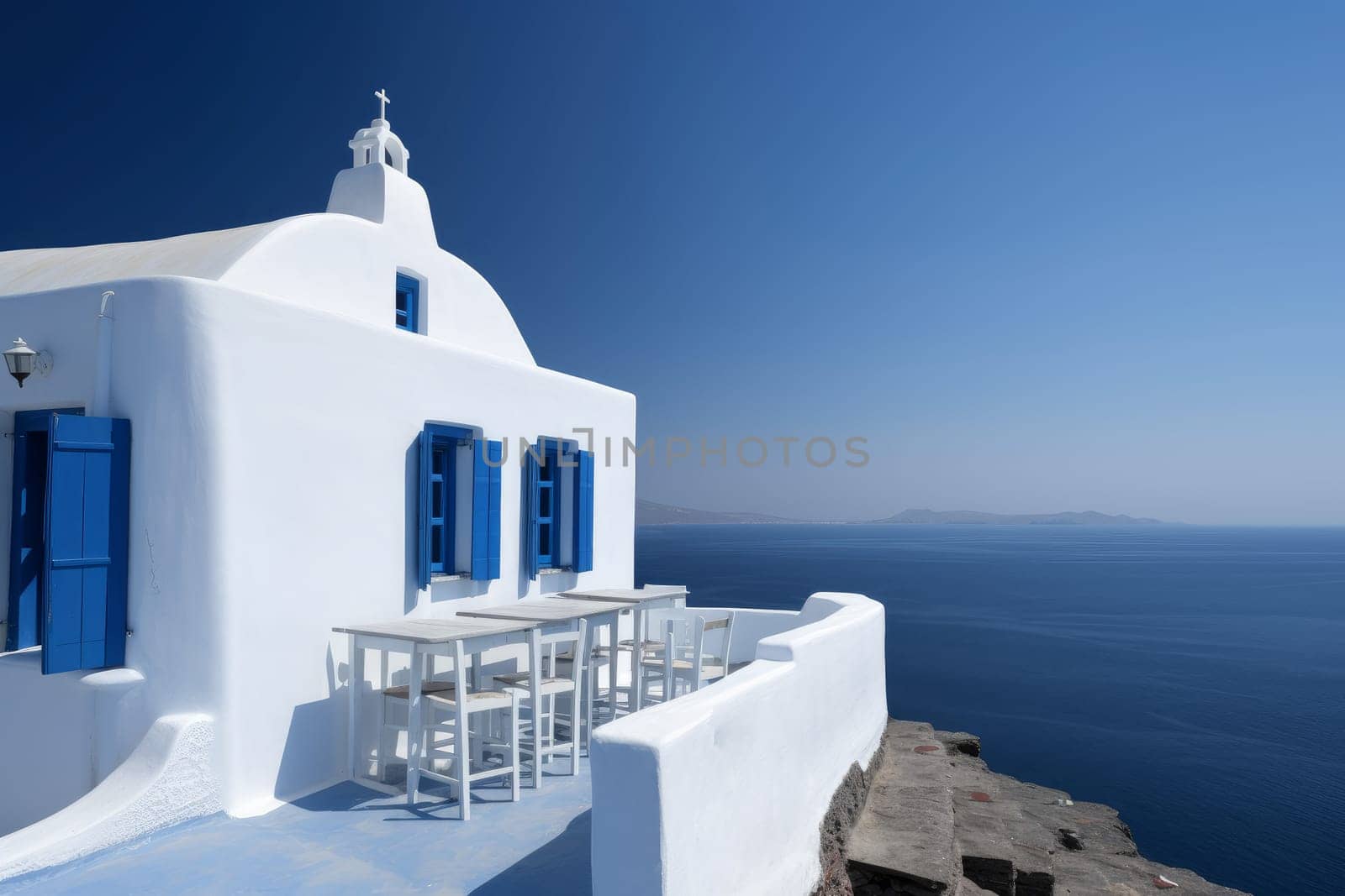 Greek tavern near sea. Travel greece. Generate Ai