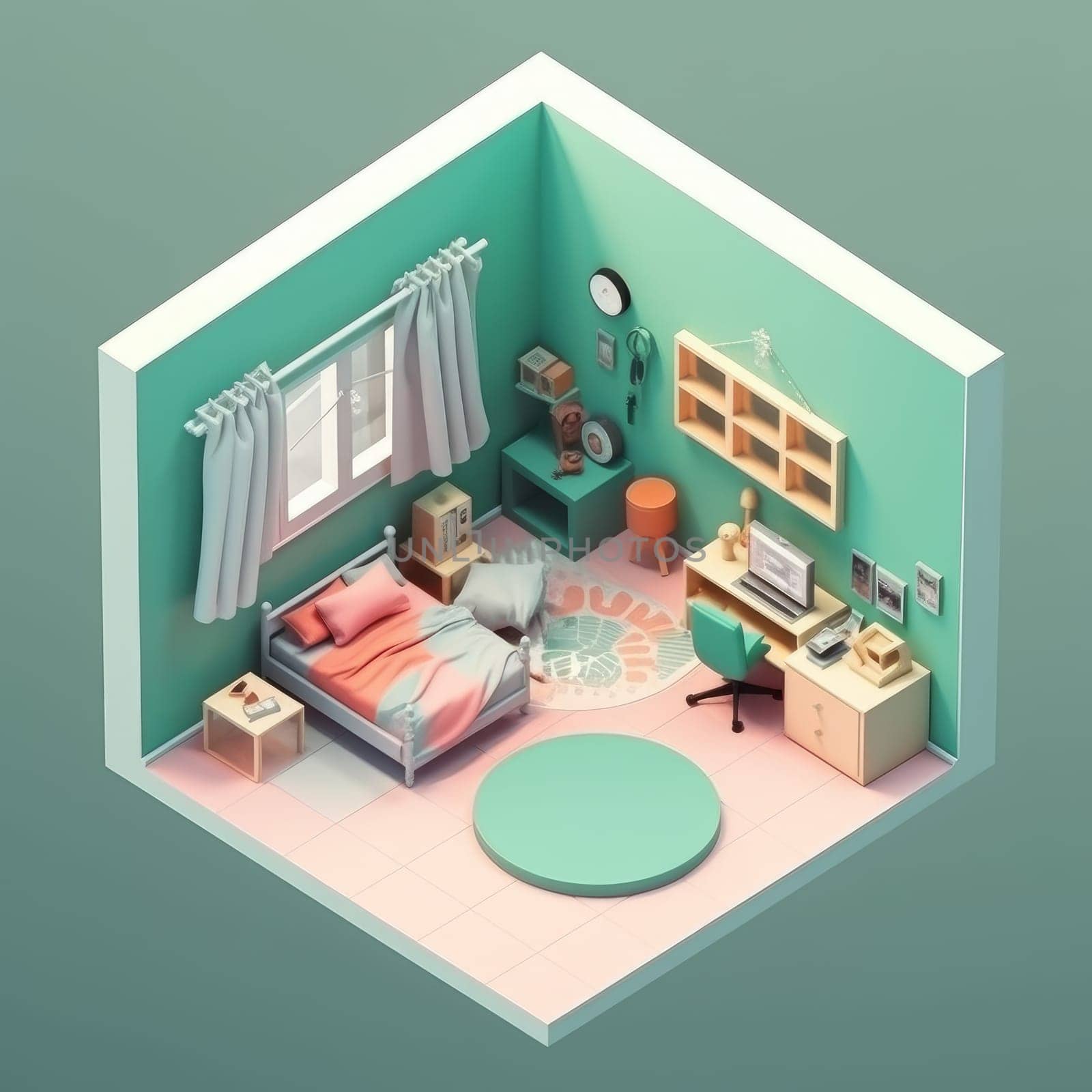 Green interior kid room. Isometric style. Generate Ai