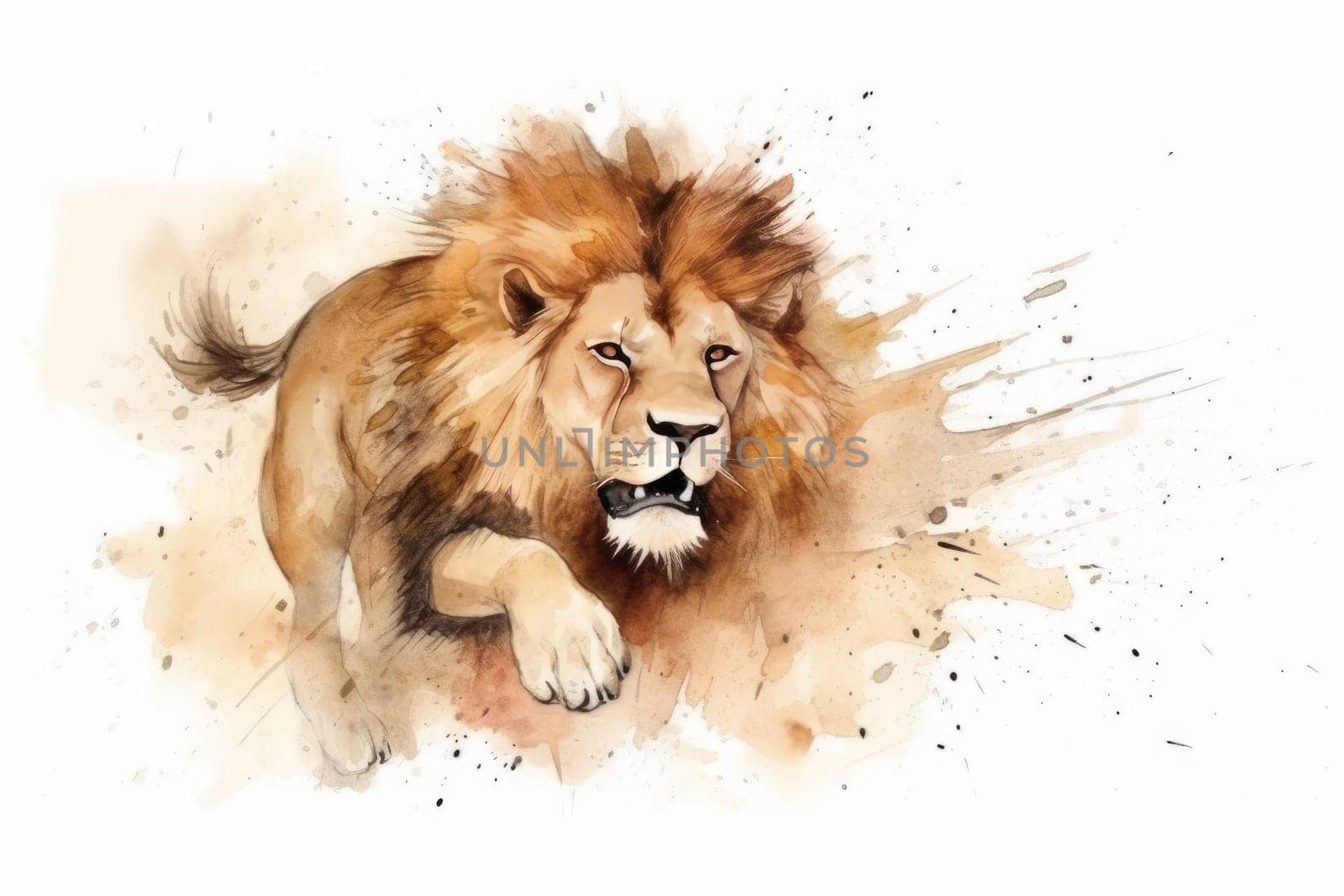 Lion watercolor splash run. Anima face. Generate Ai