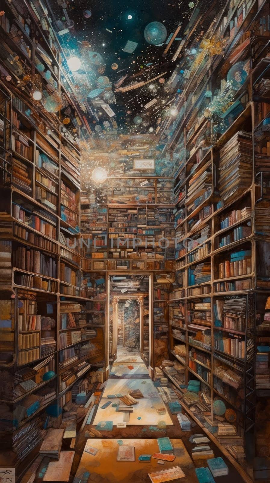 Magic interior library. Old interior light. Generate Ai
