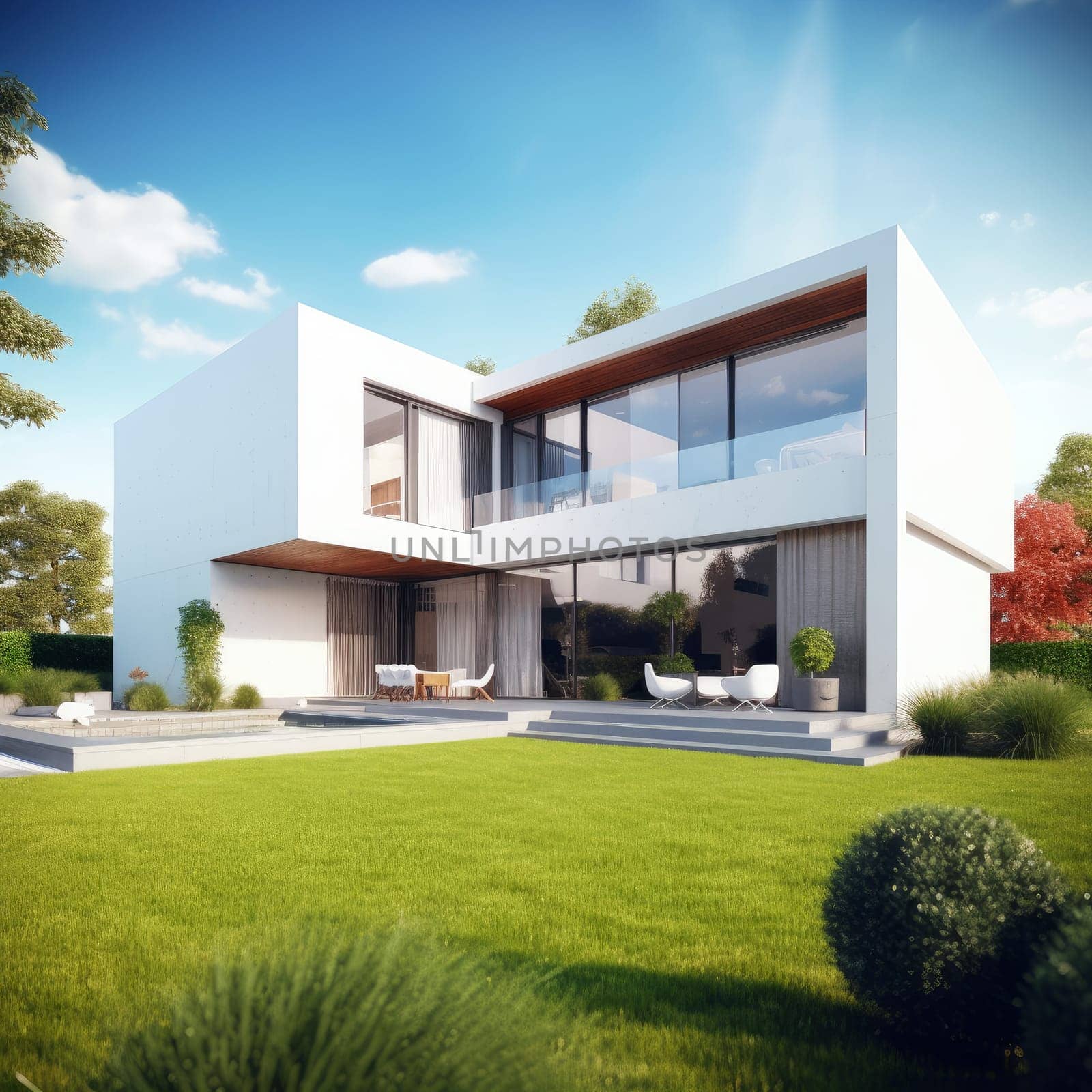 Modern sunny house. Generate Ai by ylivdesign