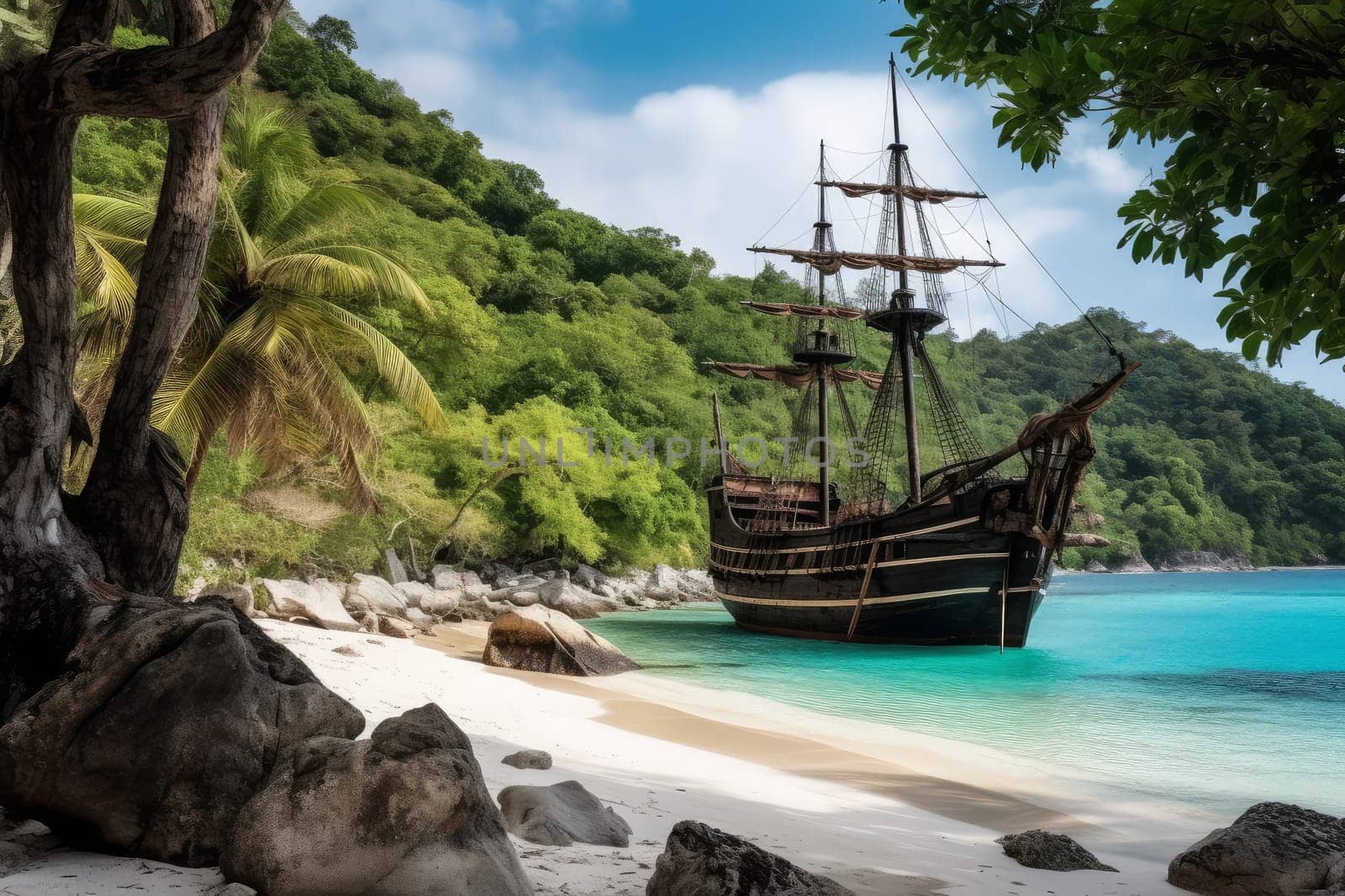 Pirate ship at beach. Sea tropical island. Generate Ai