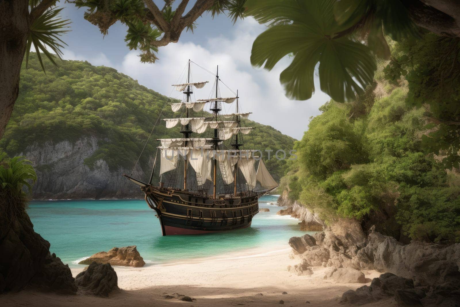 Pirate ship on tropical beach. Sand vacation. Generate Ai