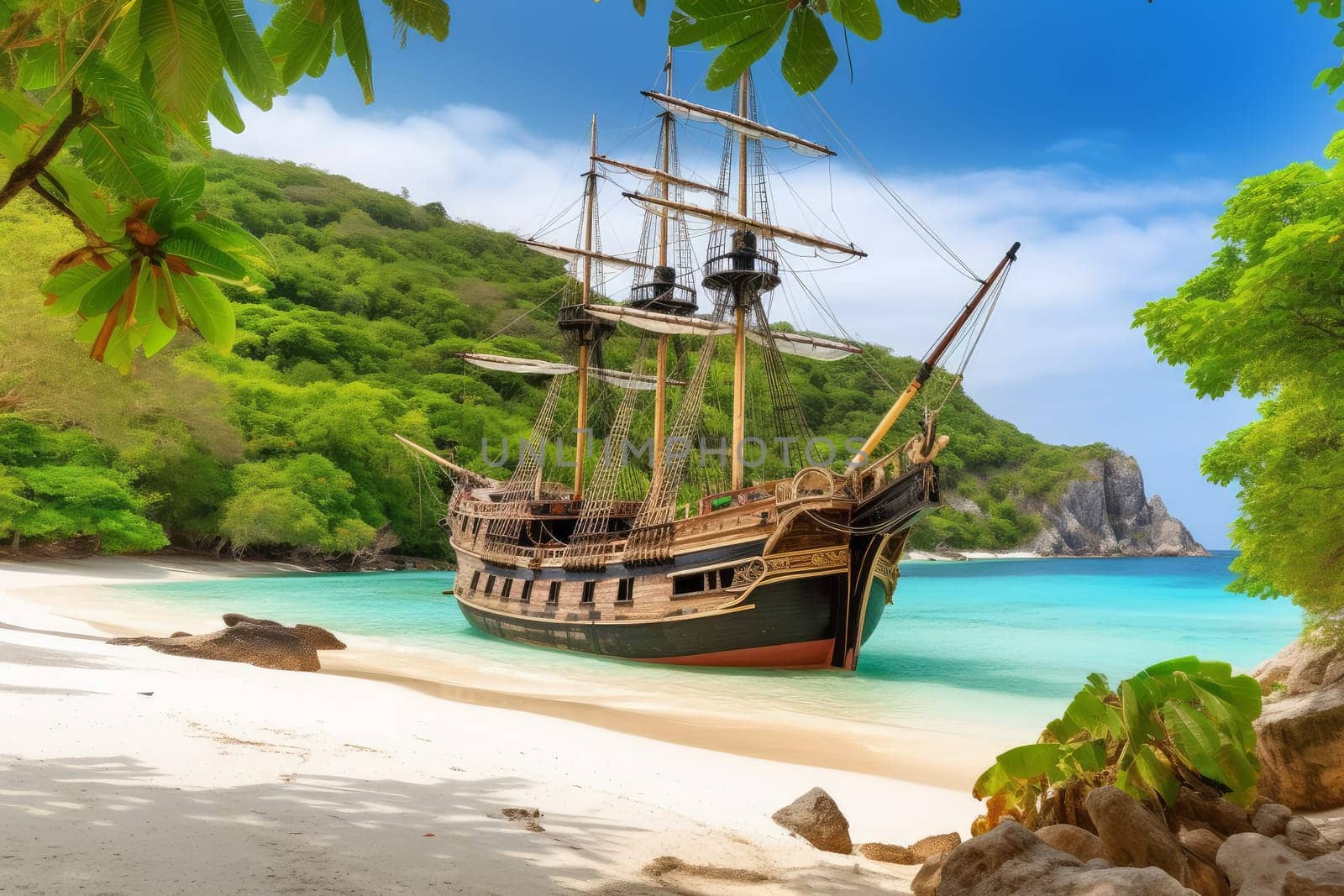 Wood pirate ship on beach. Vacation ocean. Generate Ai