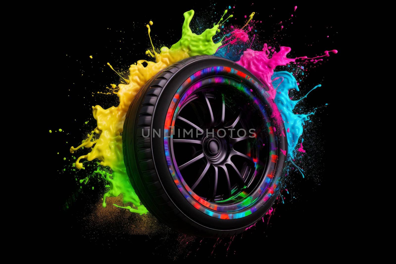 Racing wheel splash. Water rain paint. Generate Ai