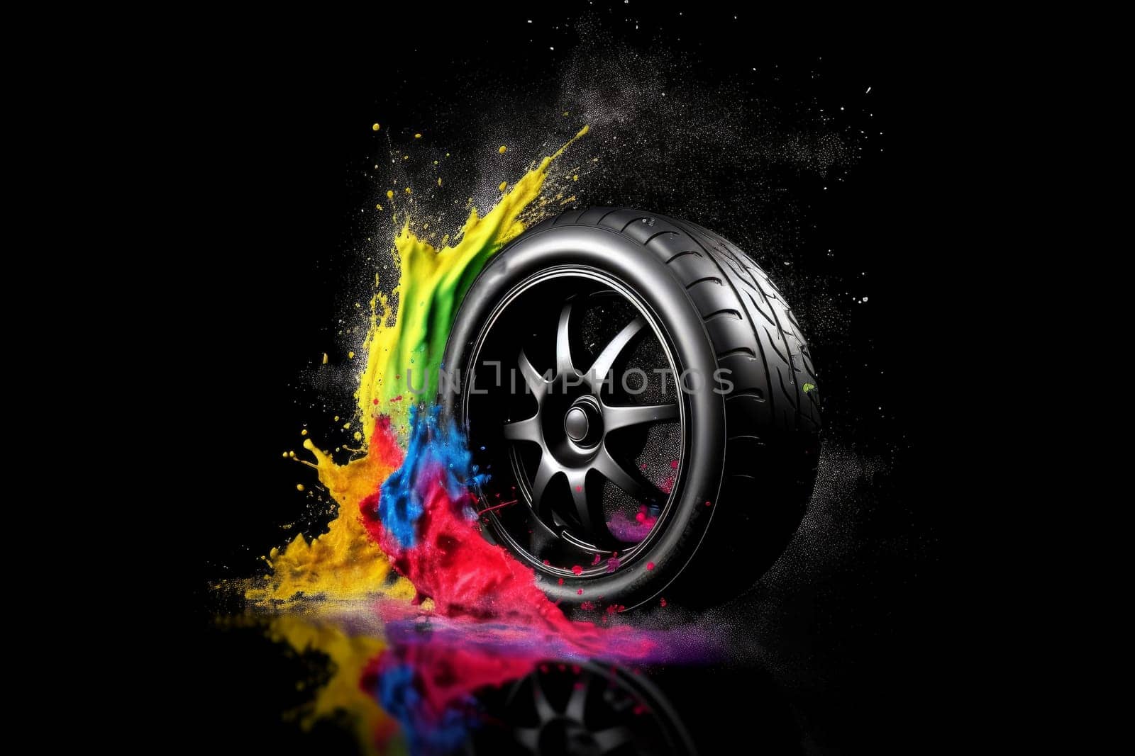 Racing wheel color splash. Water paint. Generate Ai