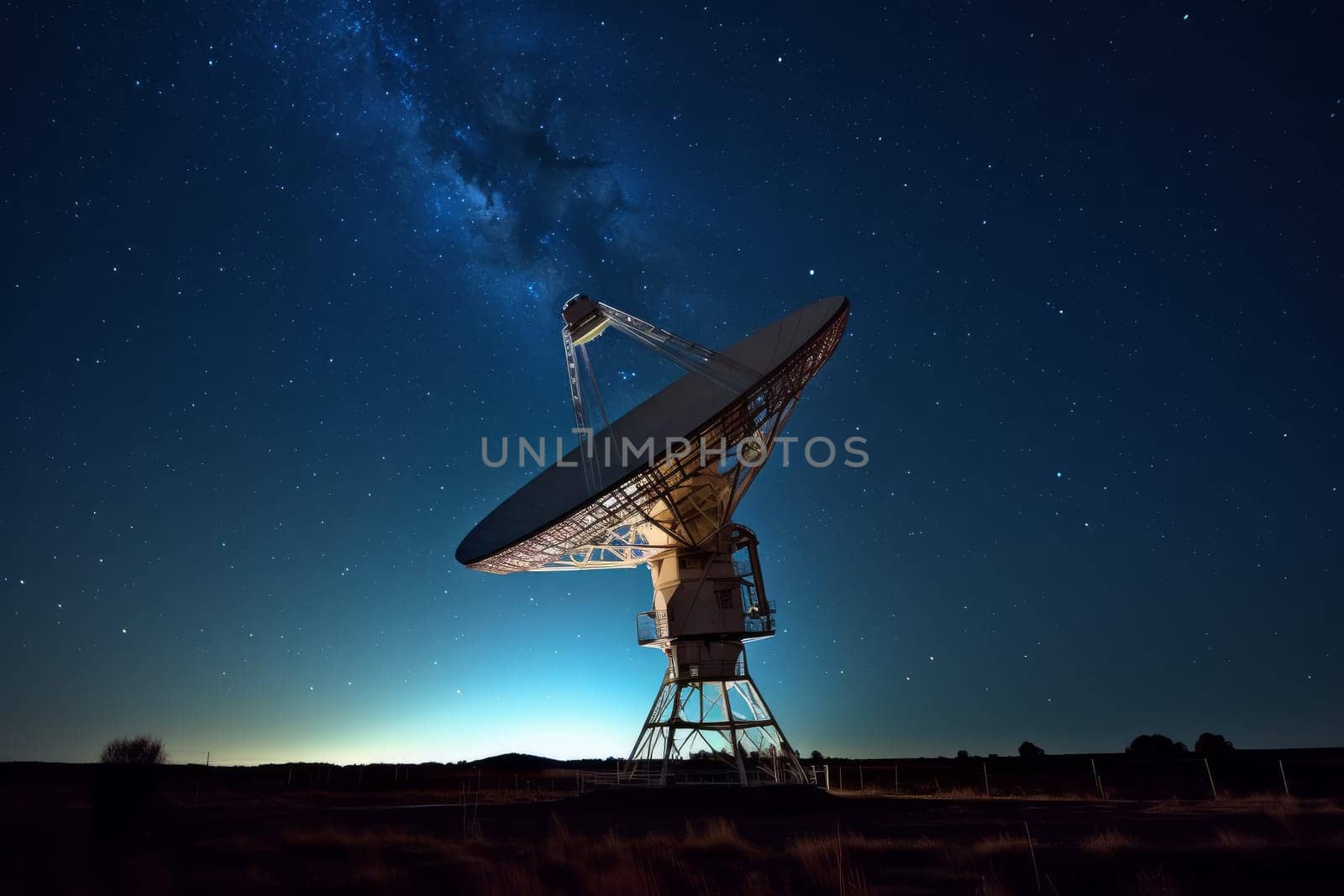 Radiotelescope antenna. City sky digital. Generate Ai