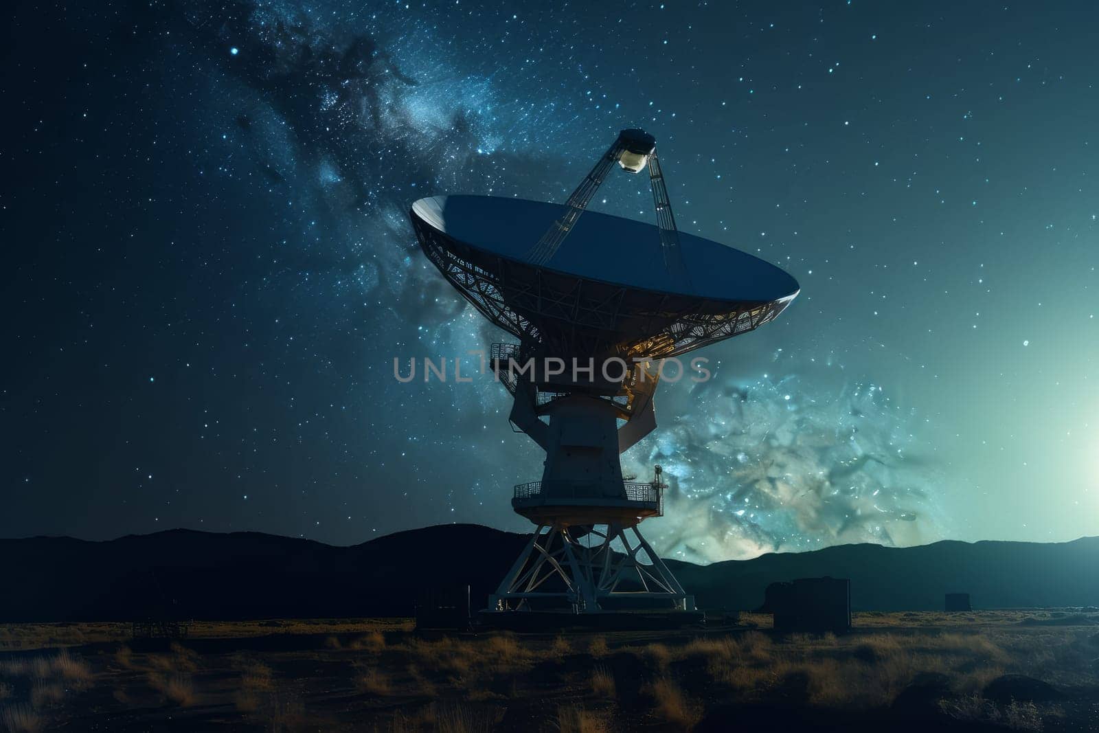 Satellite antenna in sky. Space system. Generate Ai