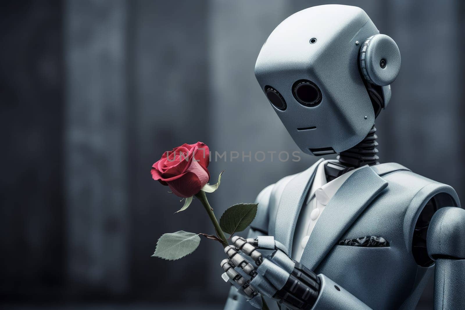 Robot thinking about love. Take rose flower. Generate Ai