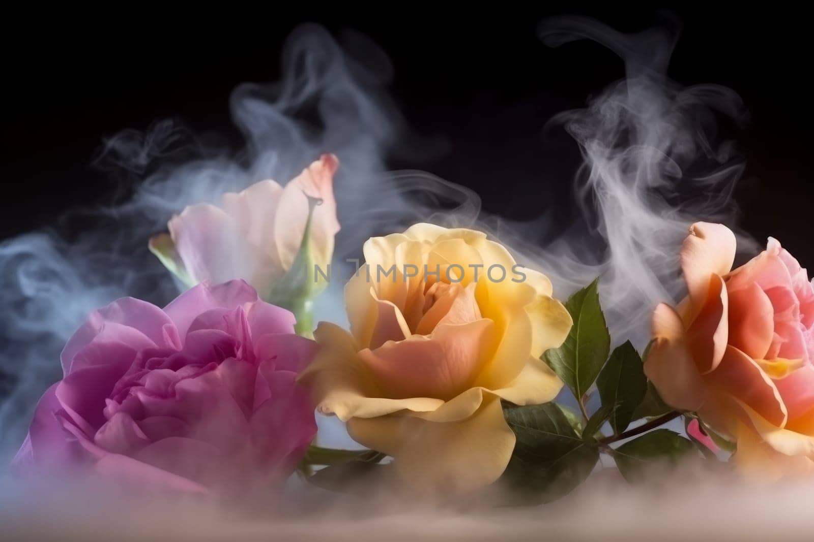 Dramatic rose flowers in smoke. Nature spring. Generate Ai