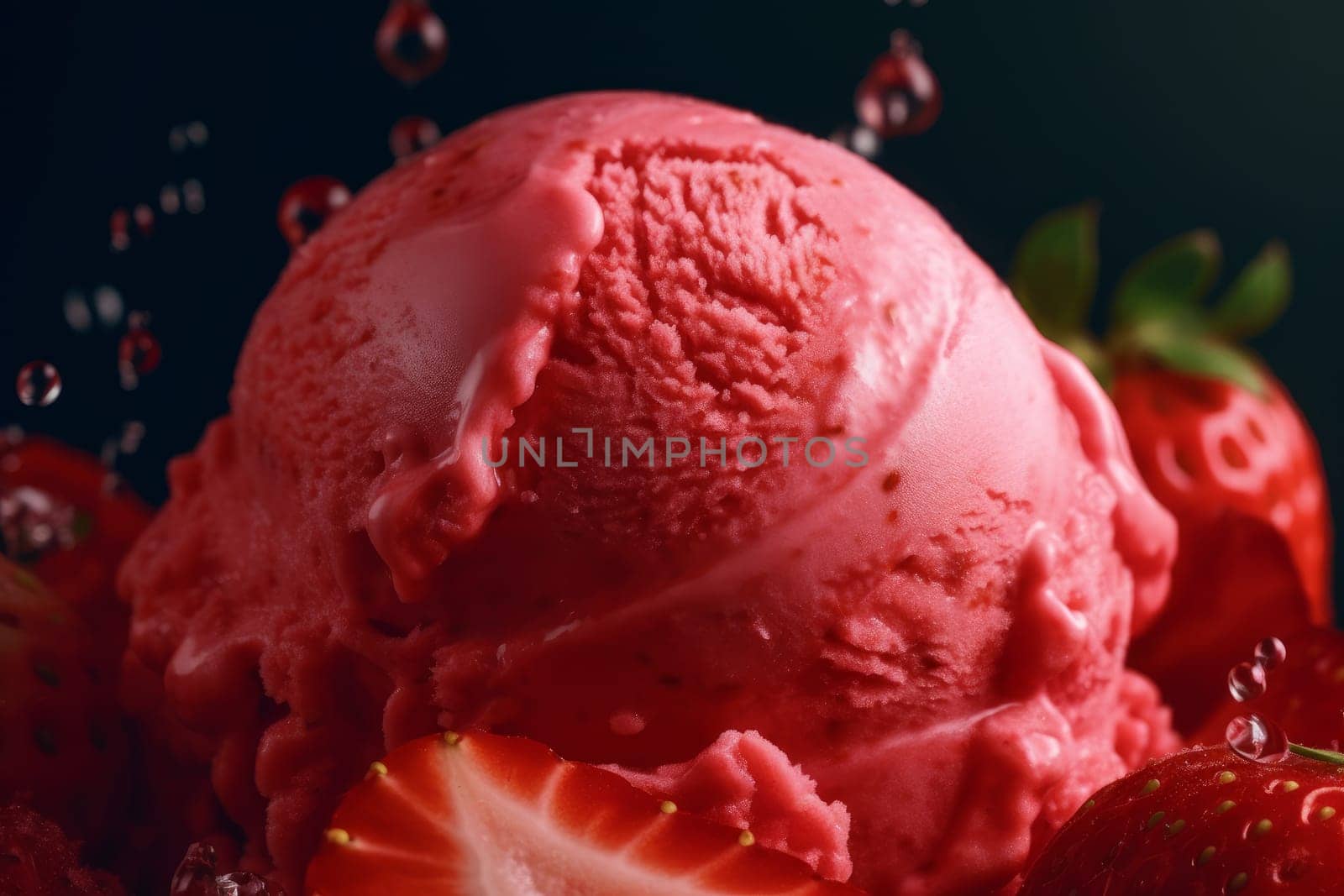 Strawberry ice cream closeup. Generate Ai by ylivdesign