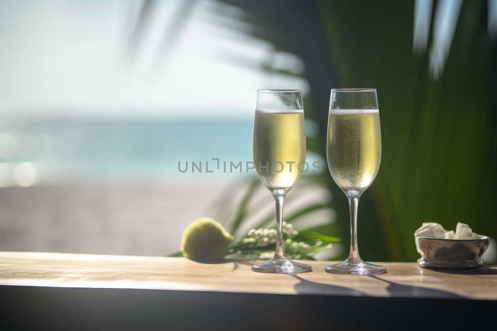 Tropical wedding with glassflute champagne. Generate Ai by ylivdesign