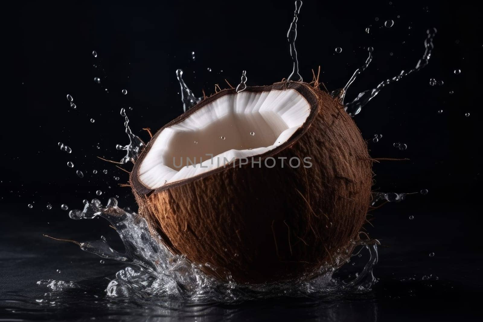 Water splash coconut. Fruit cocktail. Generate Ai