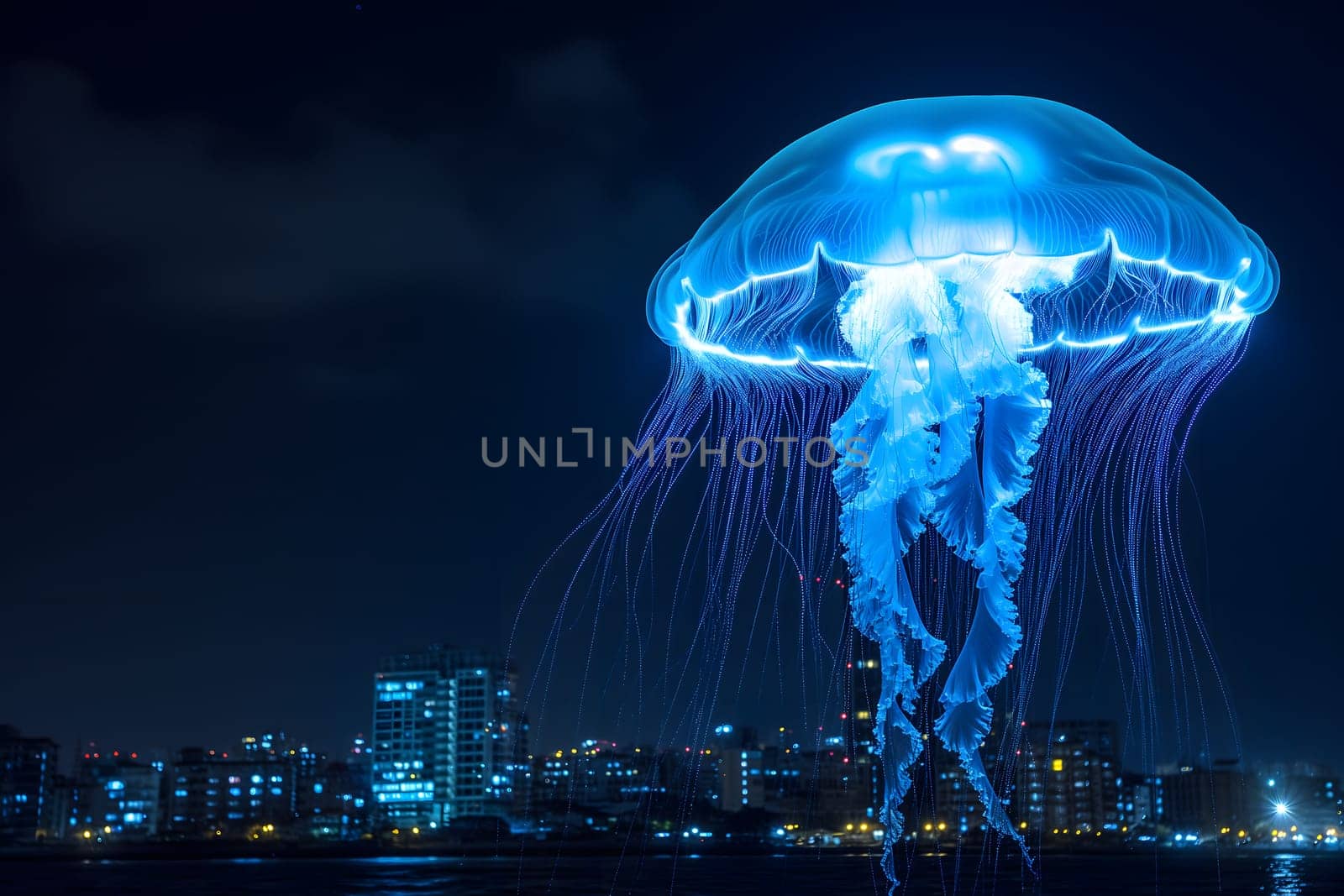 Glowing blue jellyfish UFO over night city. Neural network generated image. Not based on any actual scene or pattern.