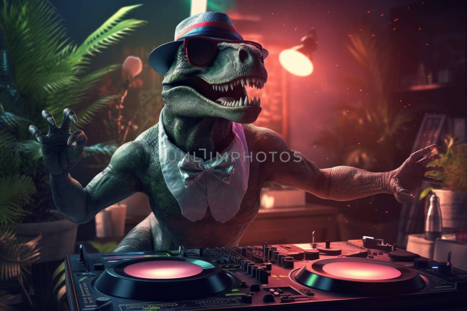Dinosaur dj. Dj beat hip hop. Generate Ai