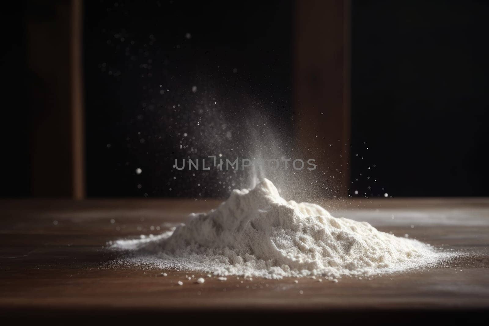 Flour powder on wood table. Snow food. Generate Ai